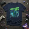 Remote Control Rebels text design on a navy t-shirt with a retro cityscape and gamers holding controllers