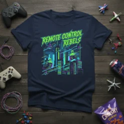 Remote Control Rebels text design on a navy t-shirt with a retro cityscape and gamers holding controllers