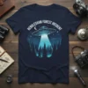 Rendlesham Forest Incident Ufo T-Shirt featuring a vintage-style spaceship beaming light into a dark forest with stars and a crescent