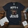 Reps 4 Jesus t-shirt design featuring Jesus doing squats with a cross barbell, for Christian workout motivation