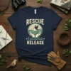 Rescue Rehabilitate Release t-shirt design with hands holding a bird and the words Rescue Rehabilitate Release