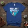 Resilient BPD Warrior T-Shirt with shield and wings graphic, blue shirt, white and blue text