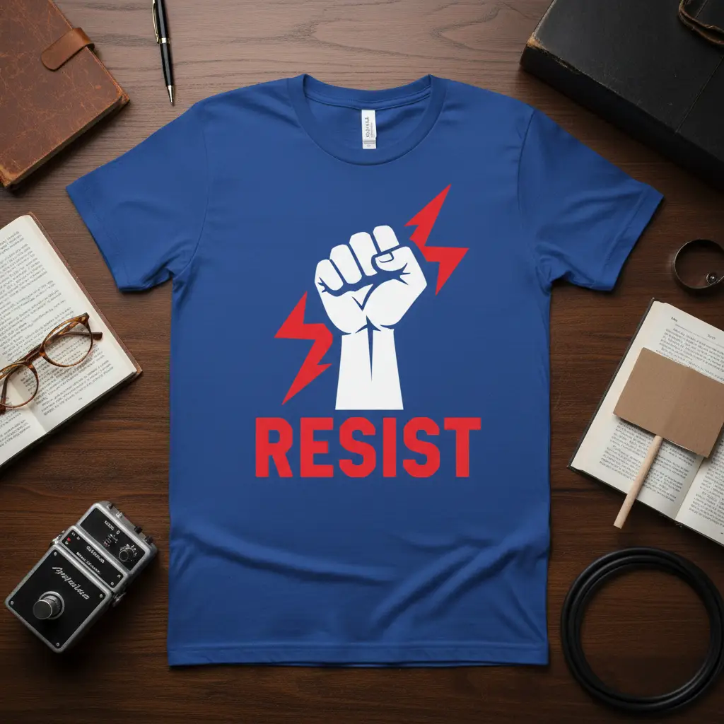 Bold RESIST text with a white raised fist and red lightning bolts on a blue t-shirt