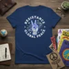 Resistance Global Peace t-shirt with white peace symbol and galaxy design on navy blue fabric
