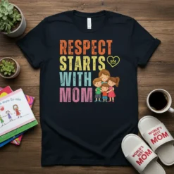Respect Starts With Mom t-shirt with colorful text and illustration of a mother hugging her children