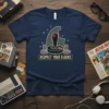 Respect Your Elders t-shirt with a retro arcade joystick and controllers graphic, navy blue color