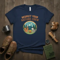 Respect Your Nature Crew t-shirt featuring a cute squirrel and opossum camping by a fire under a starry sky