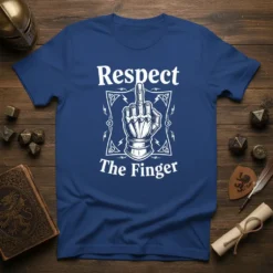 Respect The Finger t-shirt design with a knight's gauntlet giving the middle finger, framed by gothic borders and lightning bolts
