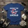 Respect The Locals t-shirt design with a great white shark in a circular graphic, surrounded by underwater elements