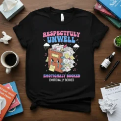 Respectfully Unwell Emotionally Booked text design with a crying book graphic on a black t-shirt