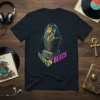 Rest In Beats Pharaoh T-Shirt featuring an Egyptian sarcophagus wearing headphones and colorful stacked records