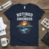 Retired Engineer 2025 T-Shirt with bridge graphic and sunset, navy blue tee design