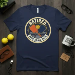 Retired Pickleball Club text with crossed pickleball paddles and ball graphic on a navy t-shirt
