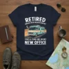Retired Under New Management funny RV quote t-shirt with a vintage camper illustration