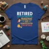 Retired Under New Management See Granddaughter For Details quote on a blue t-shirt, featuring a cartoon girl in a cape