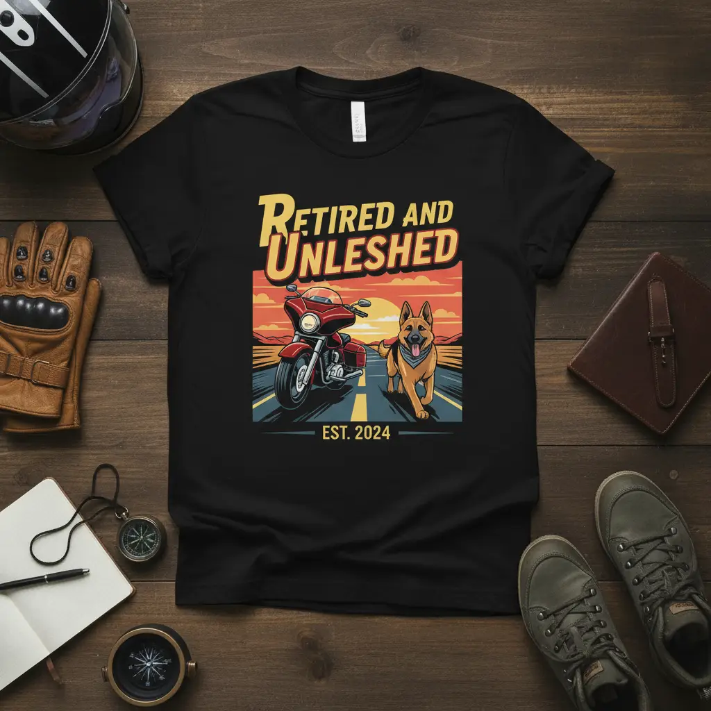 Retired and Unleashed Est. 2024 Motorcycle Dog T-Shirt