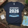 Navy blue t-shirt with white and blue text reading "RETIREMENT 2026 Countdown IN PROGRESS" for retirement celebration
