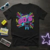 Black t-shirt with vibrant "80'S" text, retro boombox, and arcade game design elements
