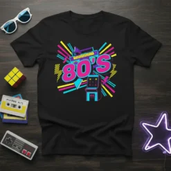 Black t-shirt with vibrant "80'S" text, retro boombox, and arcade game design elements