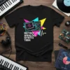 RETRO ANALOG SYNTH 1984 text design with vintage synthesizer circuit board and oscilloscope graphic on a black t-shirt