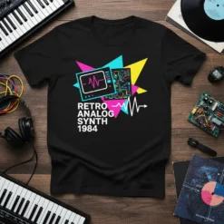 RETRO ANALOG SYNTH 1984 text design with vintage synthesizer circuit board and oscilloscope graphic on a black t-shirt