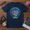 Retro Arcade Real Life Level Up Your Day t-shirt design featuring pixelated cityscape and gamer