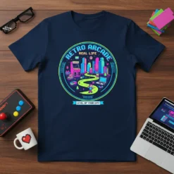 Retro Arcade Real Life Level Up Your Day t-shirt design featuring pixelated cityscape and gamer