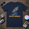 Retro Bubbles t-shirt design with colorful concentric circles and wavy lines in neon hues