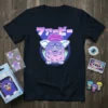 ファビー Japanese text and cute purple Furby graphic on a navy t-shirt, retro 90s style
