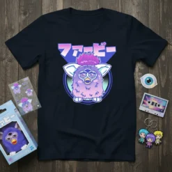 ファビー Japanese text and cute purple Furby graphic on a navy t-shirt, retro 90s style