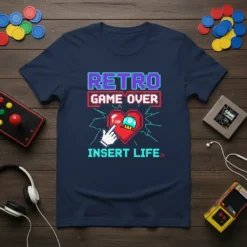 Retro Game Over Insert Life t-shirt design featuring pixelated heart, I-UP mushroom, and hand cursor