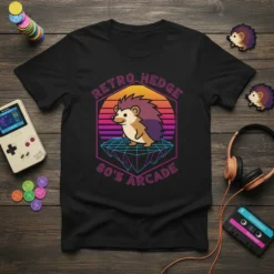 Retro Hedge 80's Arcade t-shirt design featuring a cute hedgehog in a neon hexagon with retro sunset and grid