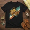 Retro hermit crab graphic with vintage stripes on a black t-shirt, perfect for beach lovers