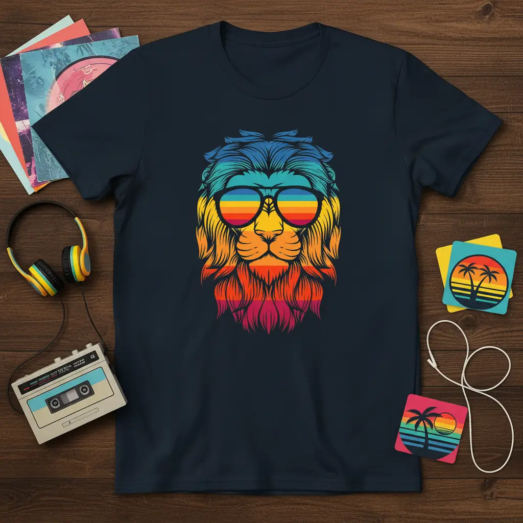 Retro Lion Sunglasses T-Shirt Cool Sunset Vibes Gift