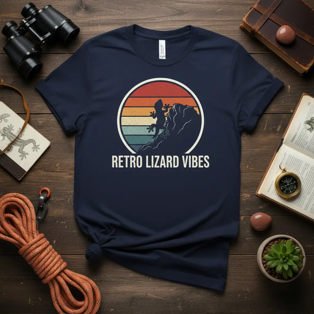 Retro Lizard Vibes t-shirt design featuring a gecko on a rocky outcrop against a vintage sunset with colorful stripes