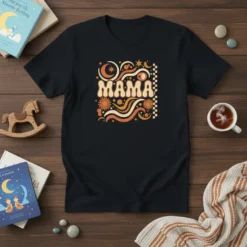 Retro Mama graphic t-shirt design with wavy, psychedelic typography and celestial elements in warm orange and yellow tones