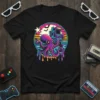 Retro Octopus Gamer T-Shirt design showing a purple octopus playing an arcade game against a sunset background