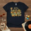 Retro Peace Love Hippie Graphic Tee with groovy font, peace symbol, and colorful flowers, on a navy blue t-shirt