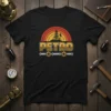 PETRO text and oil rig graphic on a black t-shirt, retro sunset design for energy industry workers