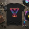 Retro phoenix rising from flames design with a vibrant, geometric triangle background on a black t-shirt