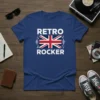 Retro Rocker Union Jack T-Shirt design with bold white text and the Union Jack flag, featuring musical notes on a