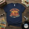 Retro Vibes t-shirt design with a dinosaur wearing sunglasses driving a vintage car with palm trees and sunset