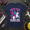 Retro Wave Alpha Ape Unicorn Rider t-shirt design with a muscular ape riding a unicorn, featuring 80s neon colors and