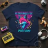 Retro Wave Fox Speed & Sound text with a neon fox graphic on a navy t-shirt, 80s synthwave style