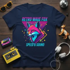 Retro Wave Fox Speed & Sound text with a neon fox graphic on a navy t-shirt, 80s synthwave style
