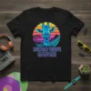 Retro Wave Safari t-shirt design featuring a blue giraffe in a synthwave sunset landscape with neon text