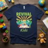 Revival Kids t-shirt design with text 'REVIVAL' and 'Kids' surrounding a colorful landscape of children running on an open book