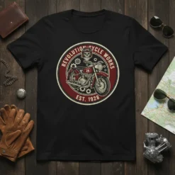 Revolution Cycle Works Est. 1928 t-shirt featuring a vintage motorcycle graphic and gears