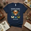 Navy t-shirt with "Rhopalocera Insecta Ordo" text and detailed butterfly illustrations, featuring a monarch butterfly centerpiece