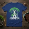 Rhythm text with a tree and drum kit design on a blue t-shirt